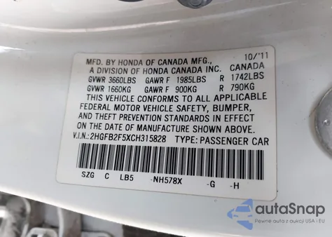 2012 Honda Civic Lx из США, поврежденный, VIN 2HGFB2F5XCH315828